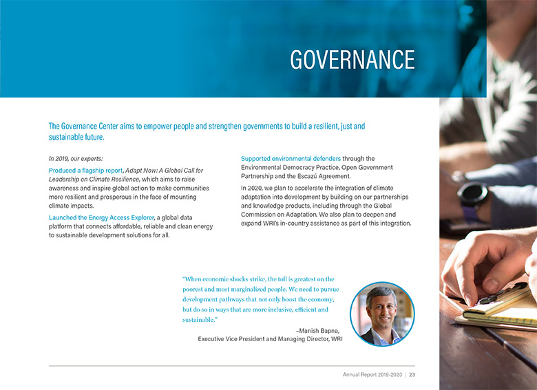 One page from the 2020 WRI Annual Report, showing text and a quote from the Managing Director.