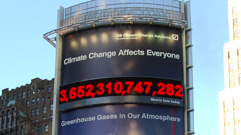 Closeup of the 37-by-70-foot billboard in New York City, featuring the Carbon Counter I designed.