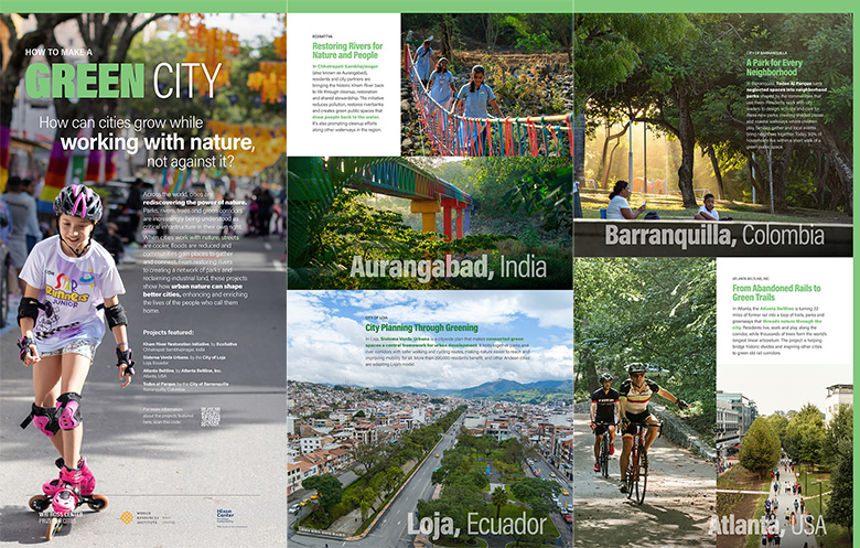 A spread from the 2021 report, featuring a photo and profile of WRI's Regional Director.